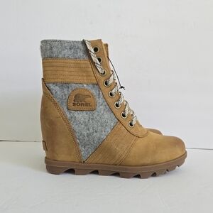 Sorel Lexie Wedge Leather Lace Up Tan Boots Size 9 New